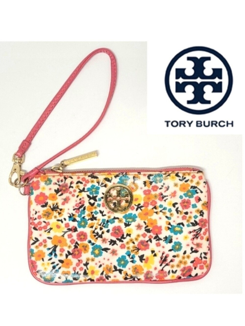 Tory Burch Vintage Wristlet Clip-in Pouch Floral Pink Multi